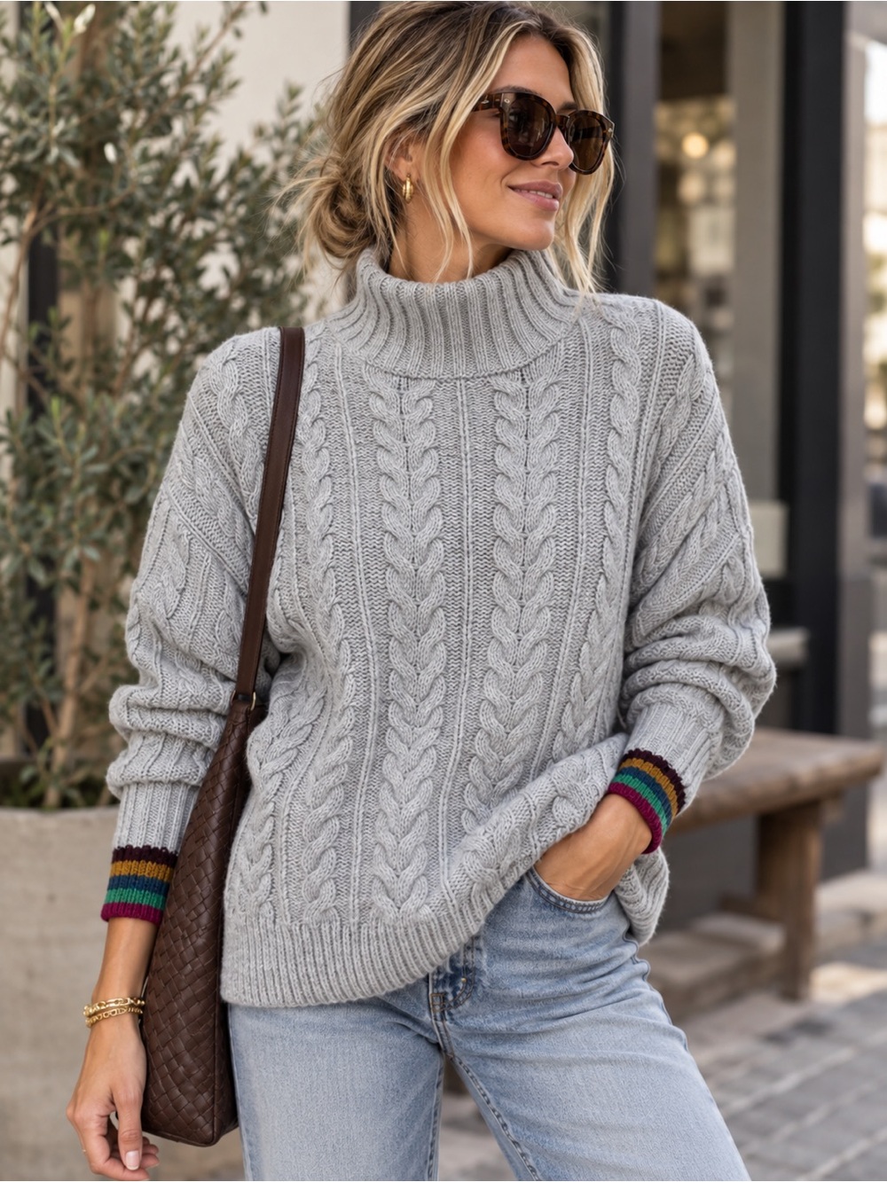 Boden Cable Knit Turtleneck Sweater Gray Large